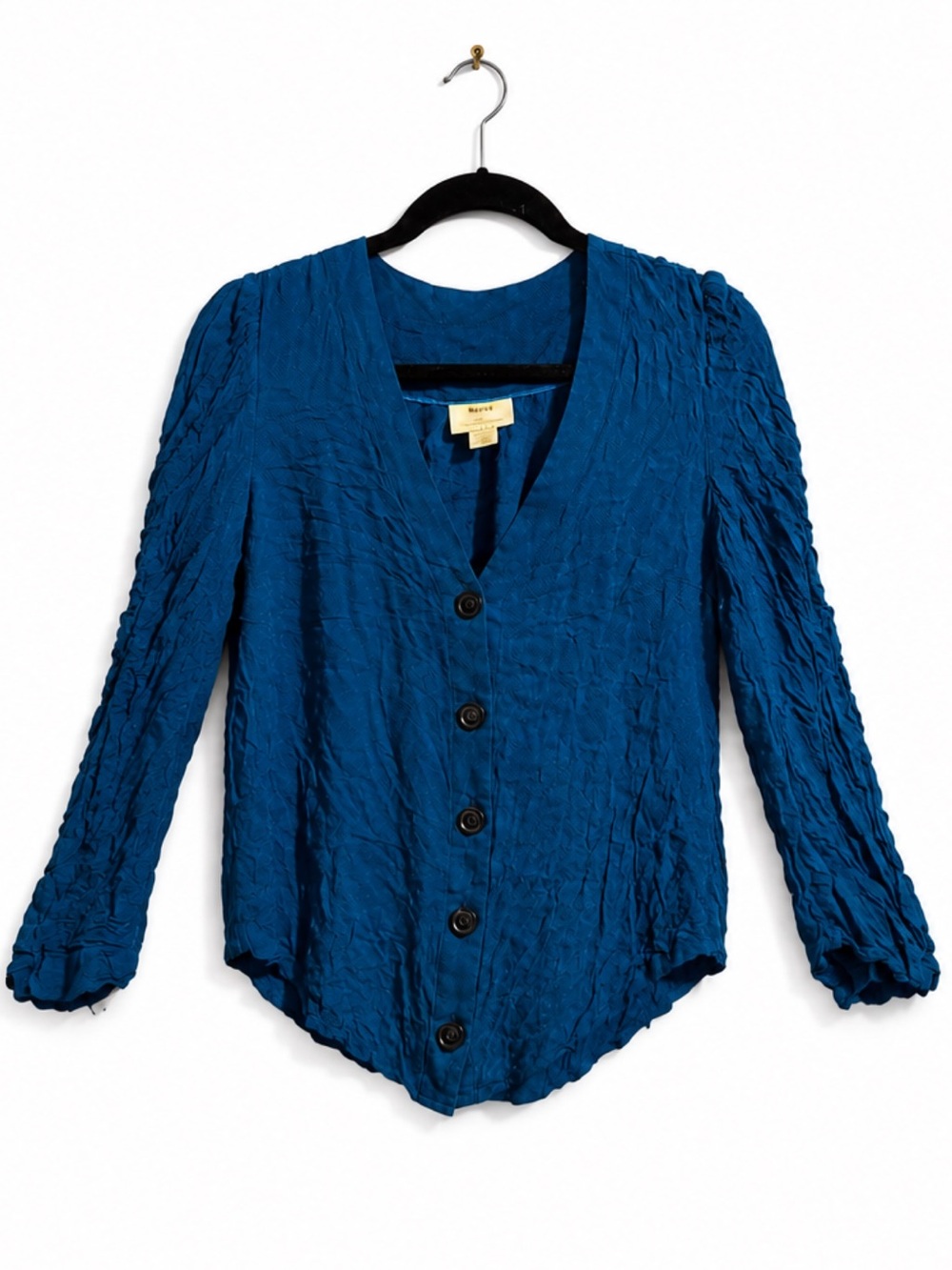 Maeve Anthropologie Crinkled Deep Blue Button-Up Blouse